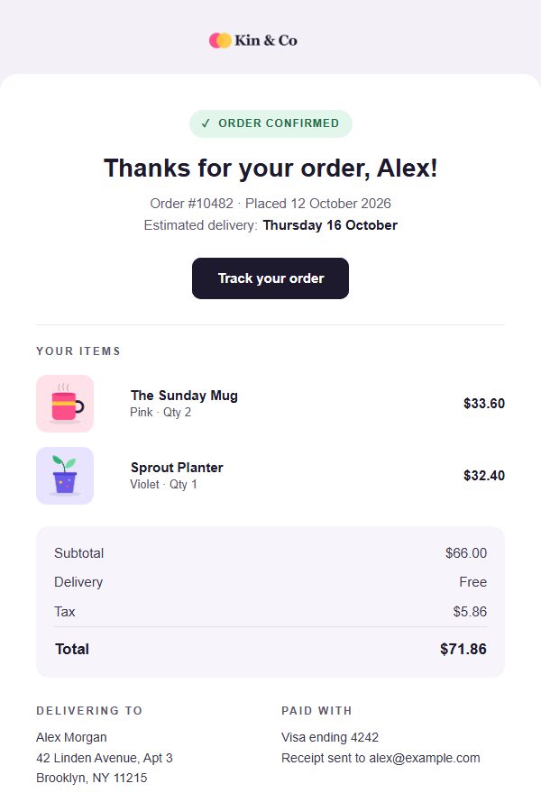 Preview of the Order receipt email template